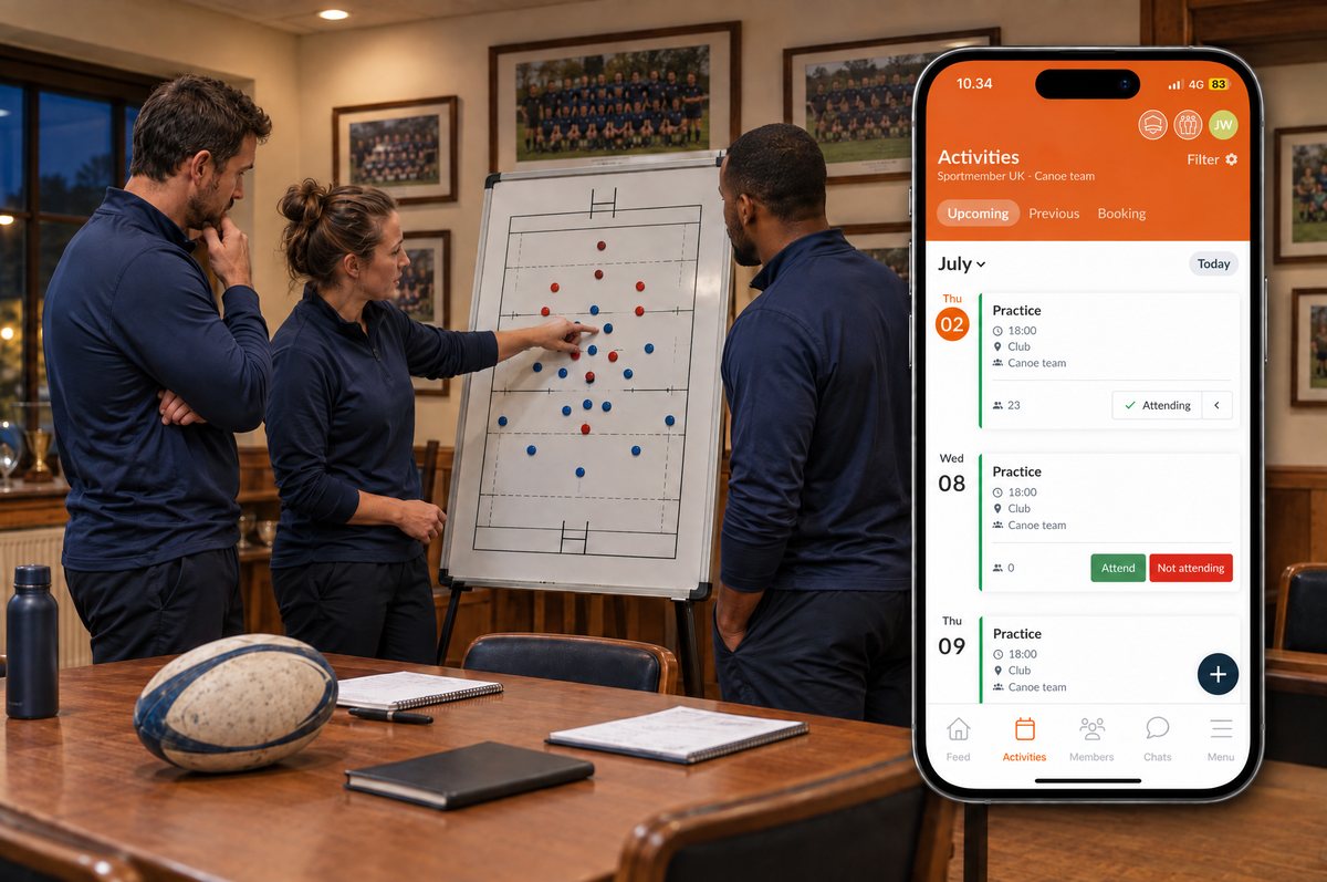 Rugby coaches planning the team at the tactics board, with the team’s upcoming activities and sign-ups in the SportMember app